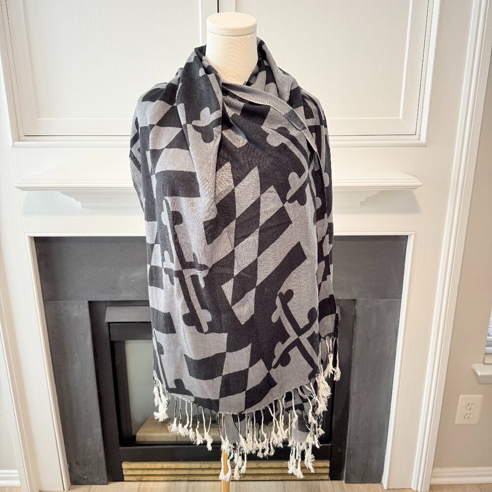 ⚫⚪ Black & Gray Maryland-Inspired Fringe Scarf | Oversized Wrap